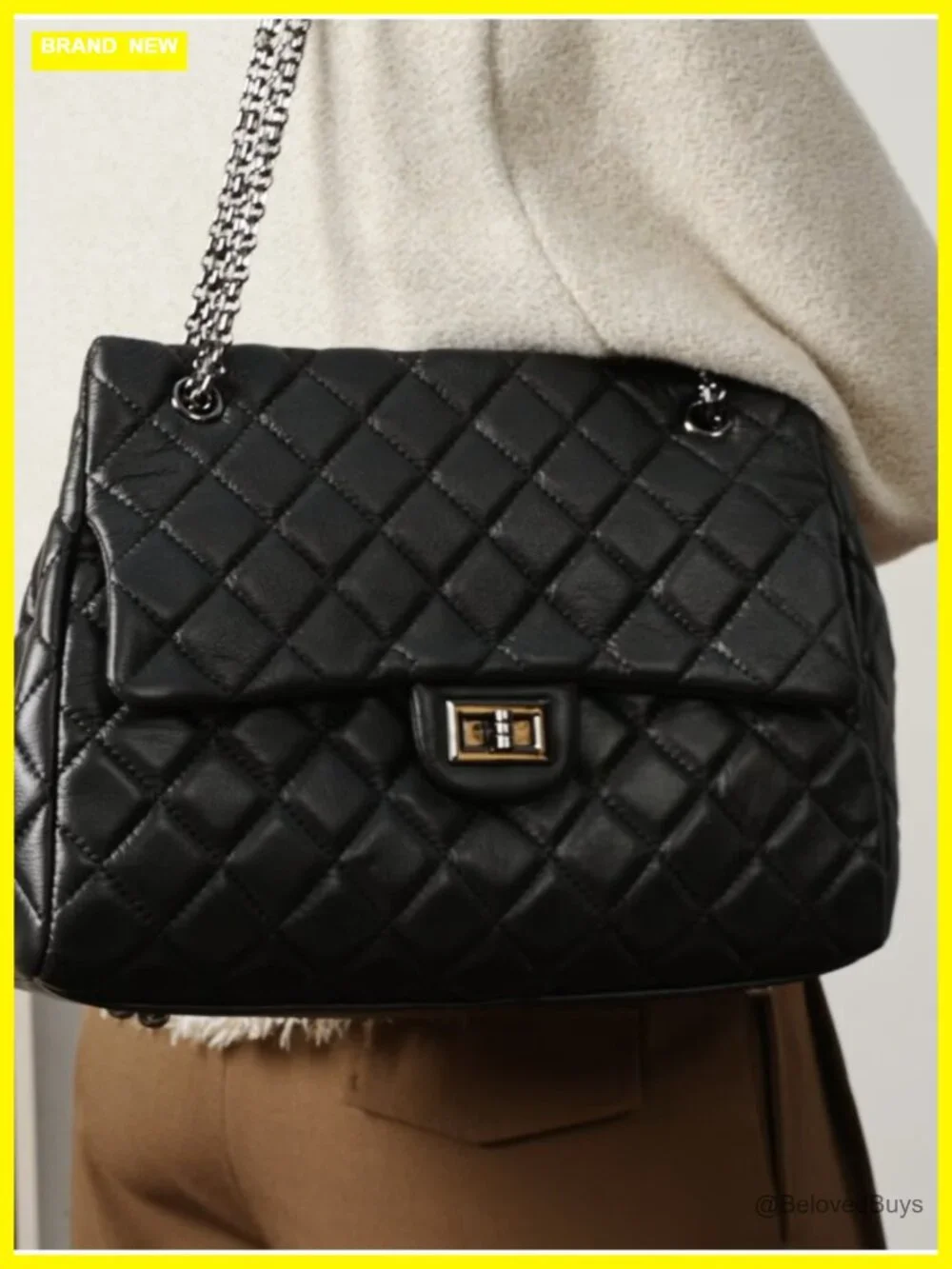 Quilted Genuine Leather Shoulder Bag Large Capacity Tote Chain Strap